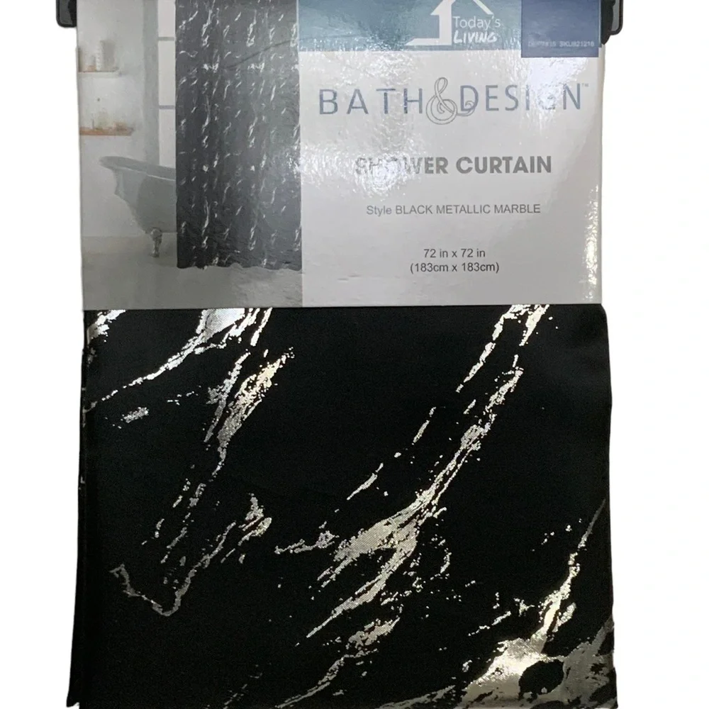 Today’s Living Black Marble Metallic Silver Fabric Shower Curtain  72 in X 72 in